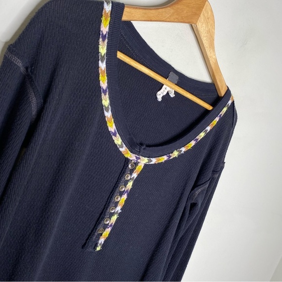 Free People Black Rainbow Thermal Waffle Knit Embroidered Henley Top Size Small - Picture 4 of 12